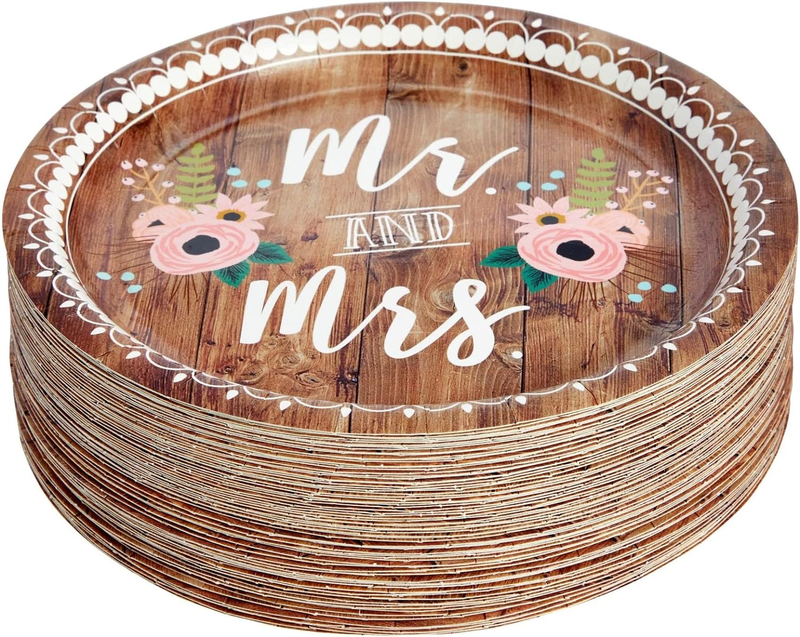 80-Count Wedding Paper Plates, Disposable Mr and Mrs Rustic-Style Reception, Bri