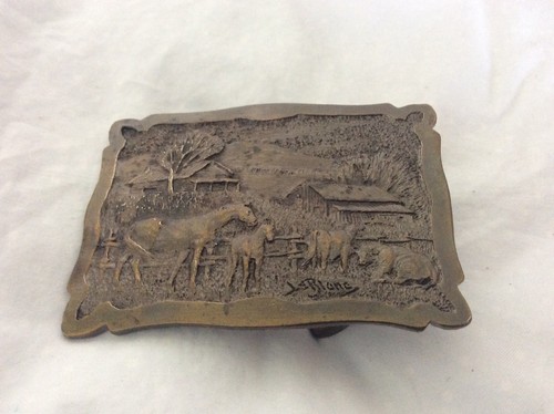 Brass Mens Belt Buckle Farm Scene Chevron Co.  By Wyoming Studio Art Works 1977