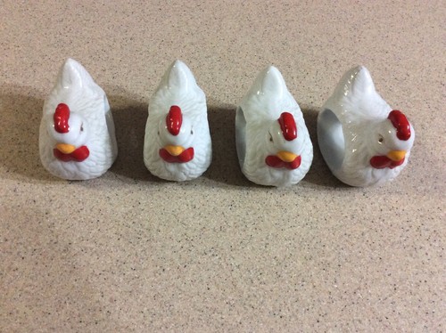 SET OF 4 VINTAGE WHITE CERAMIC  HEN NAPKIN RINGS HOLDERS