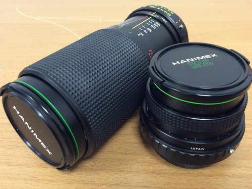 Hanimex 28 mm f2.8 und 80-200 mm f4.5 manueller Fokus SLR Kamera Objektive Japan