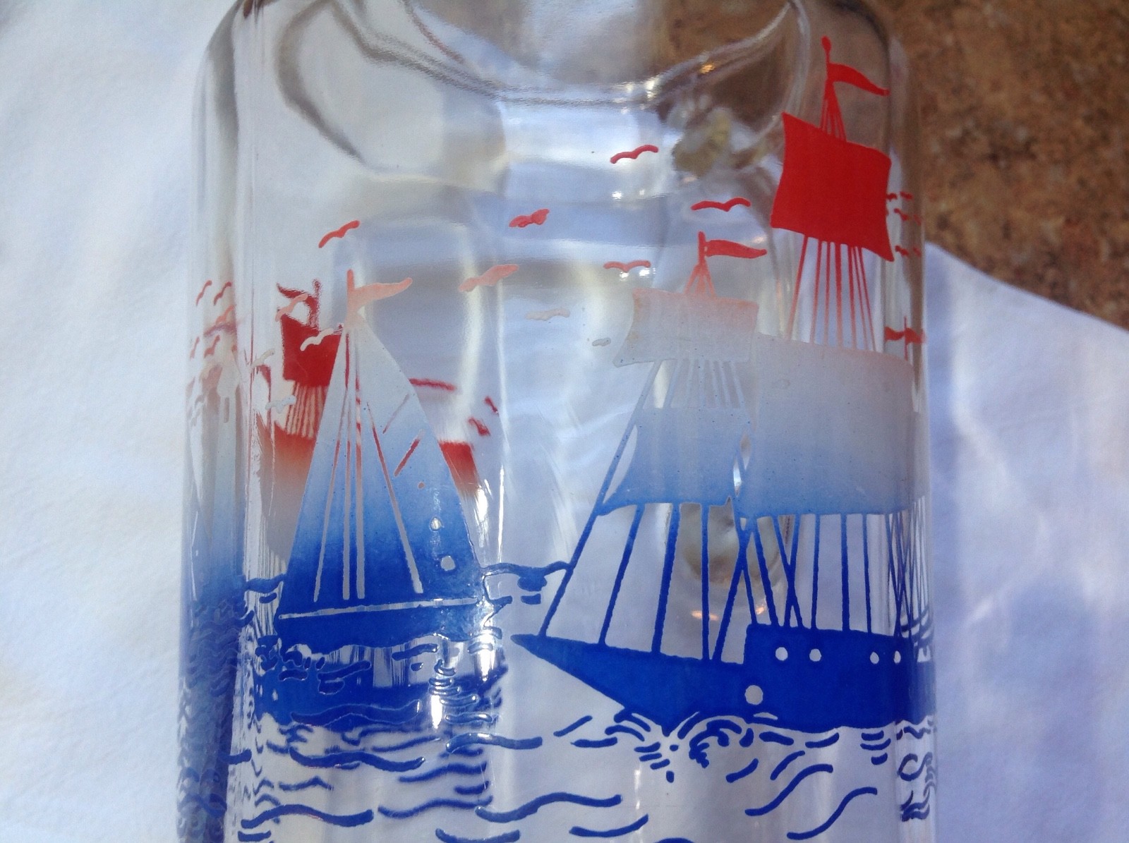 Anchor Hocking Clear Glass Vintage Water Pitcher With Sail Boats 1950's 60's VGC
