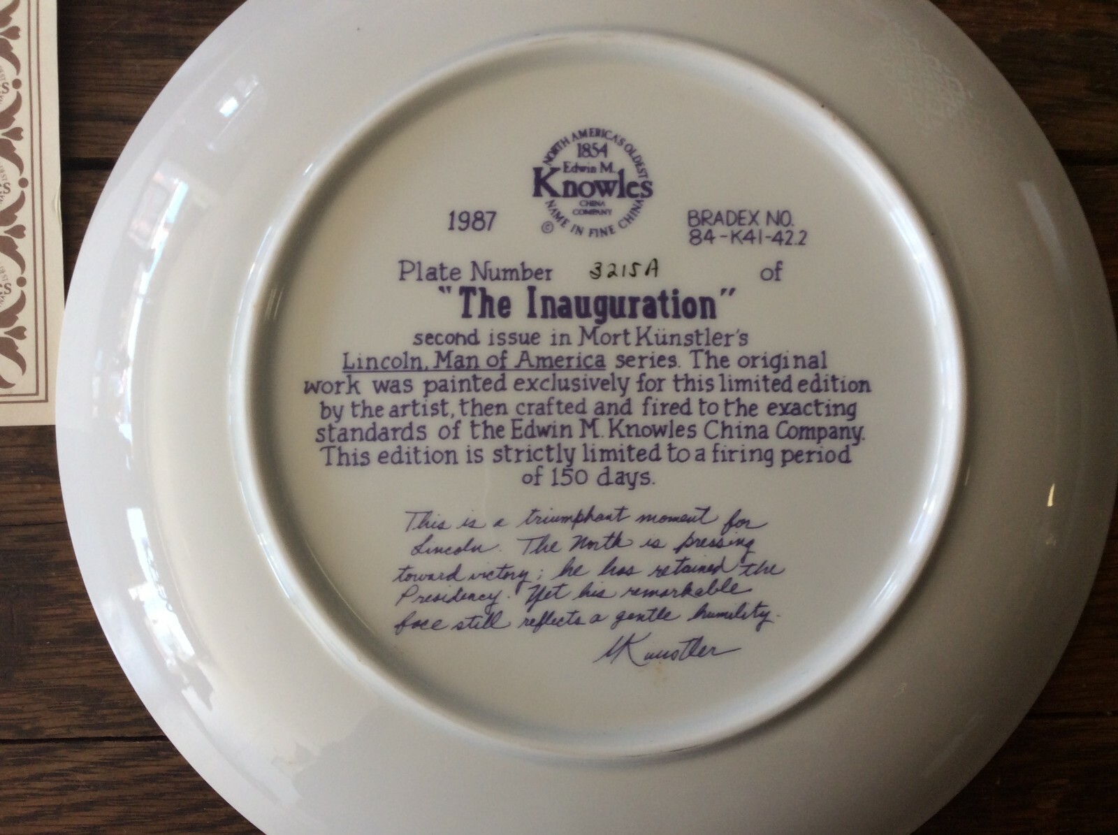 Knowles Collector Plate, Lincoln, The Inauguration, Orig Box & Papers