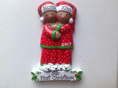 African American Pajama Couple Family of Two,  Personalized Christmas Ornament 