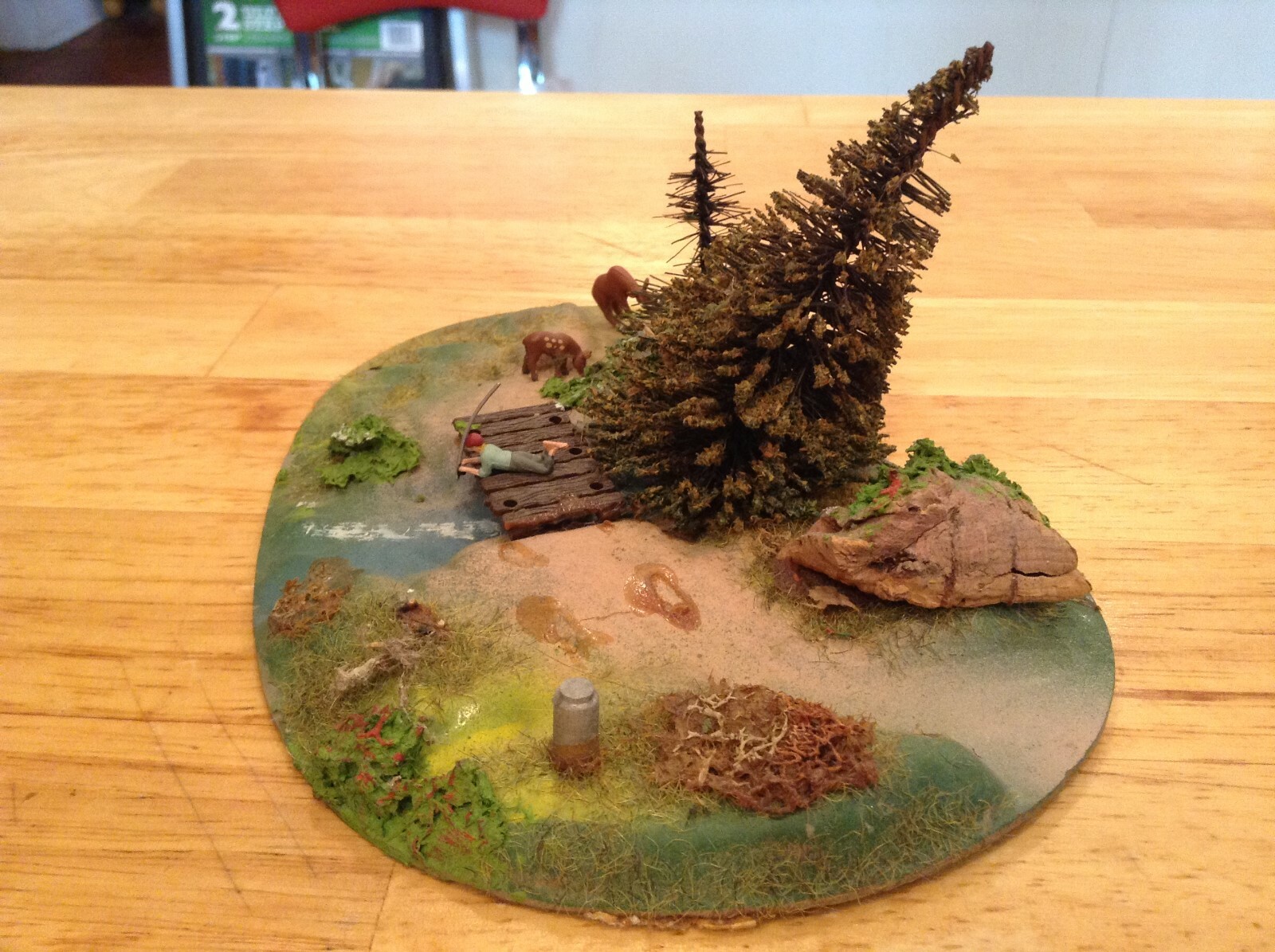 ho scale built diorama boy fishing in stream w/ deer forest tree lot scene acces