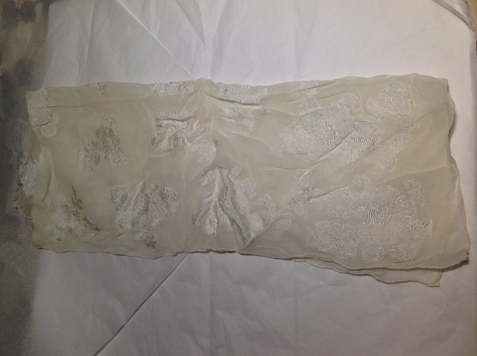 Vintage Women's Tan Off White ? Mantilla embossed w/ Rose Nylon Head/Neck Scarf