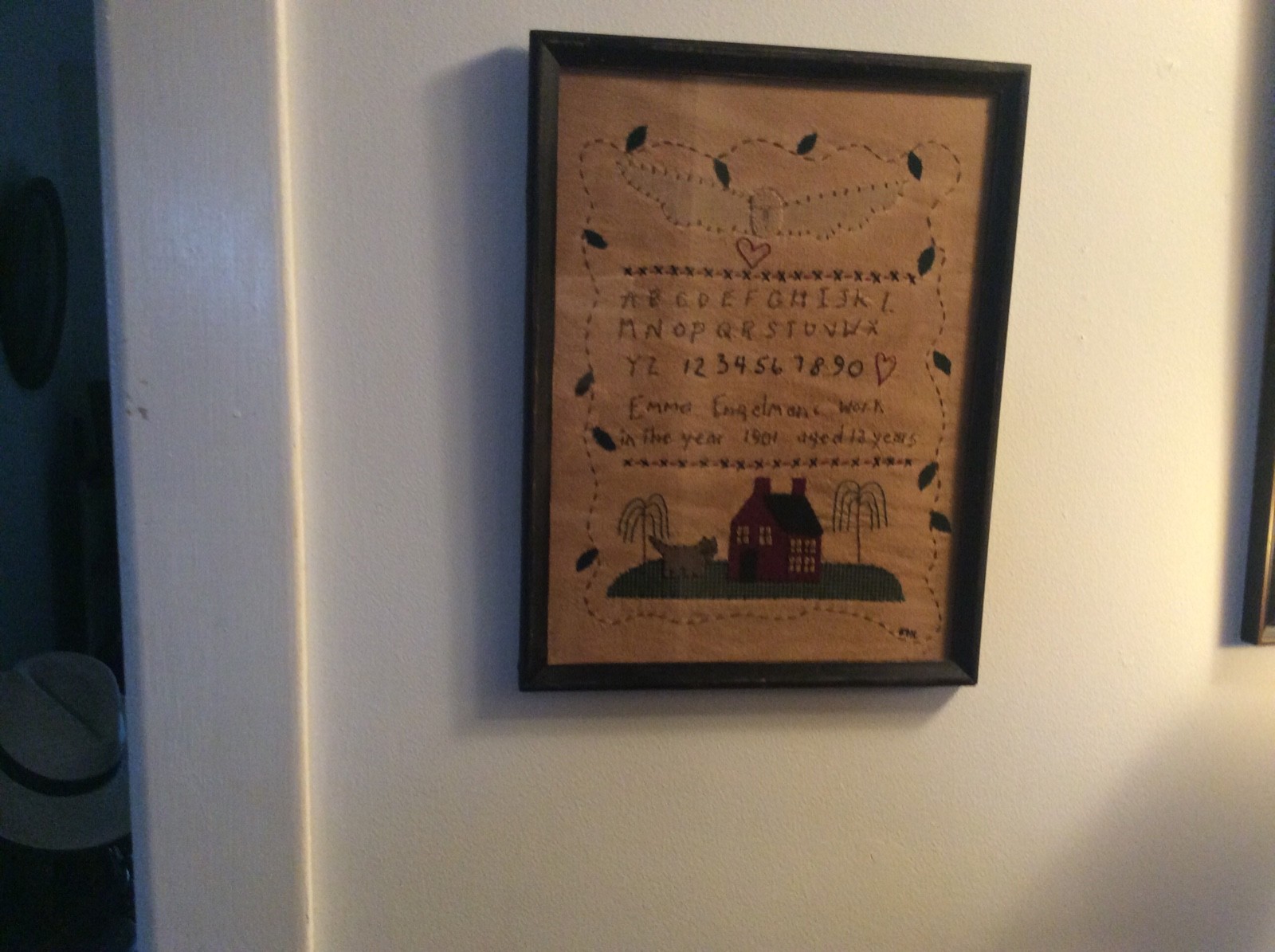 ABC cat and house sampler distressed frame nice!