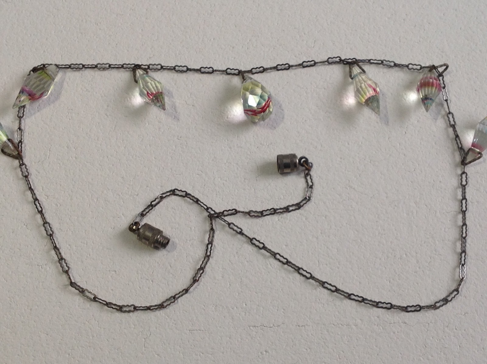 Vintage Deco Rainbow Iris Glass Briolette Drop Necklace Silver Paperclip Chain