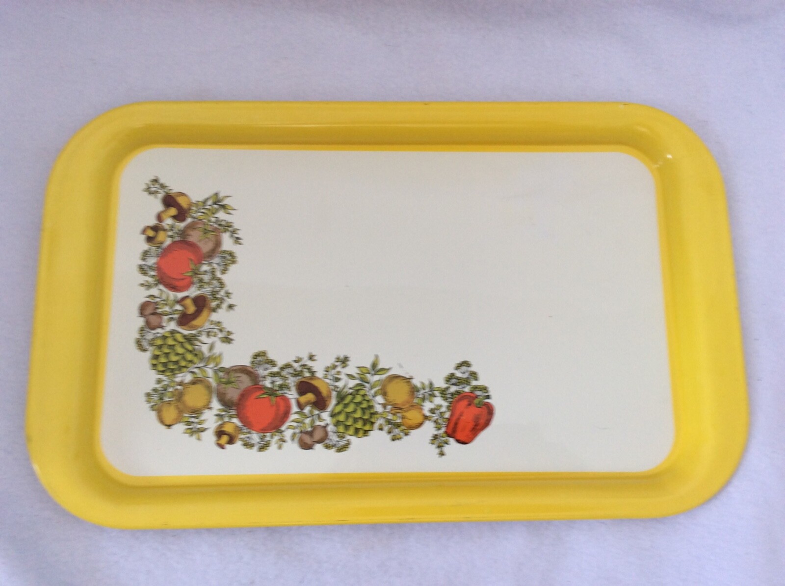 Two Small Vintage/Retro Yellow and Vegtables Metal Lap Top Serving Trays