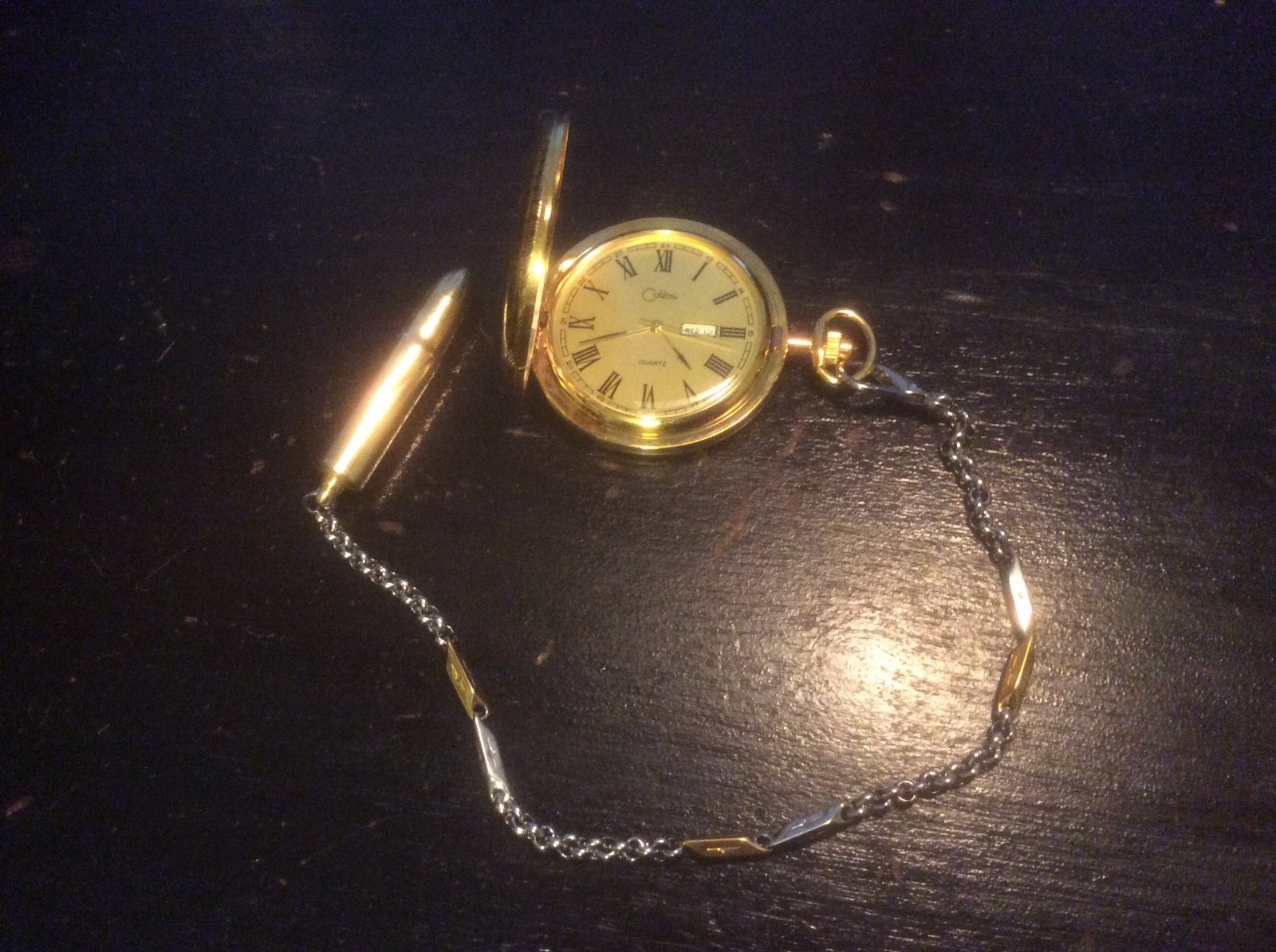 Working Gold Tone Pocket Watch With Two Tone Chain and Snuff Bullet Fob