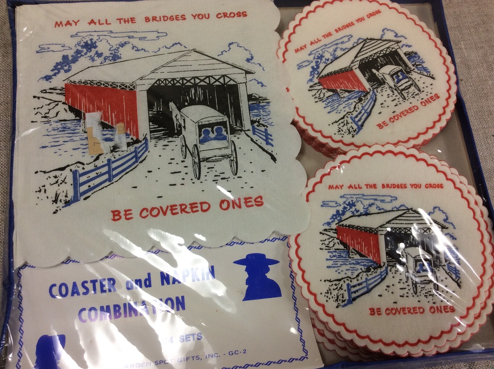 Covered Bridge Napkins Garden Spot gifts Vtg Amish Coasters Paper Horse Buggy