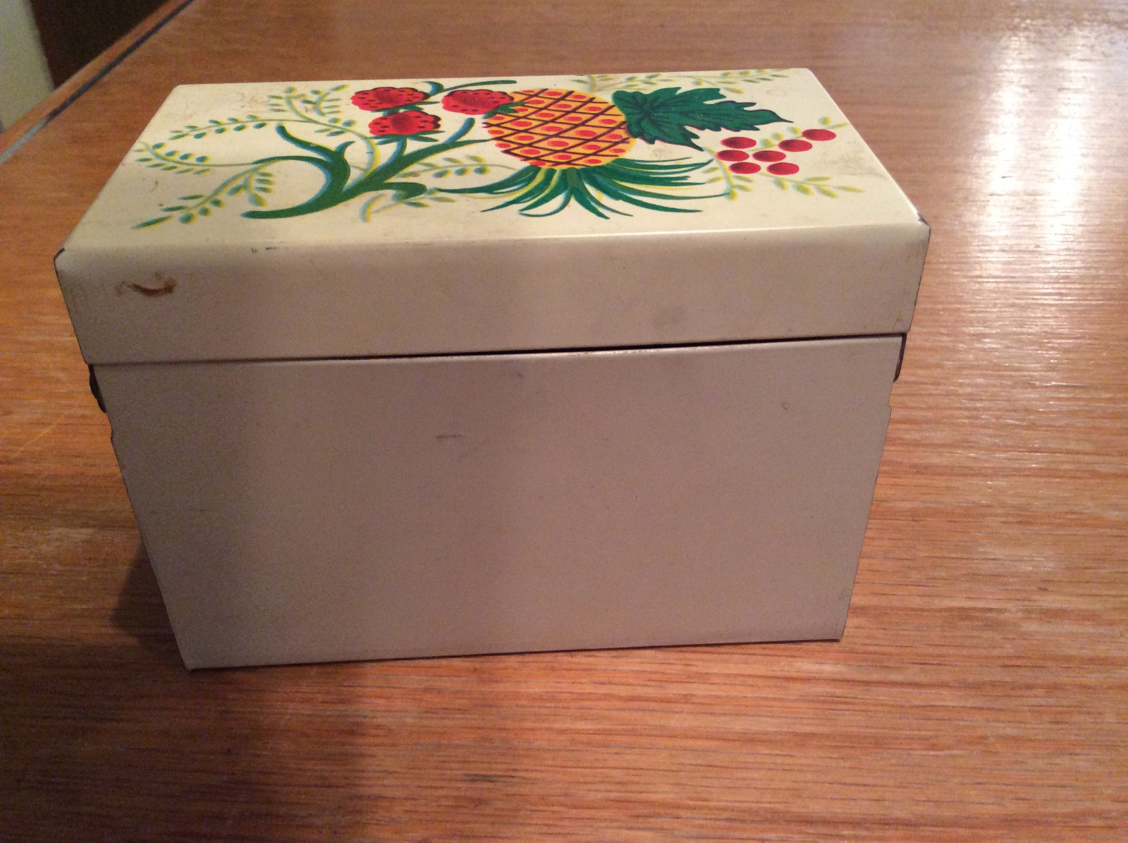 Vintage J.Chein Tin Recipe Box Fruit Made In USA Pineapple Strawberry Nice
