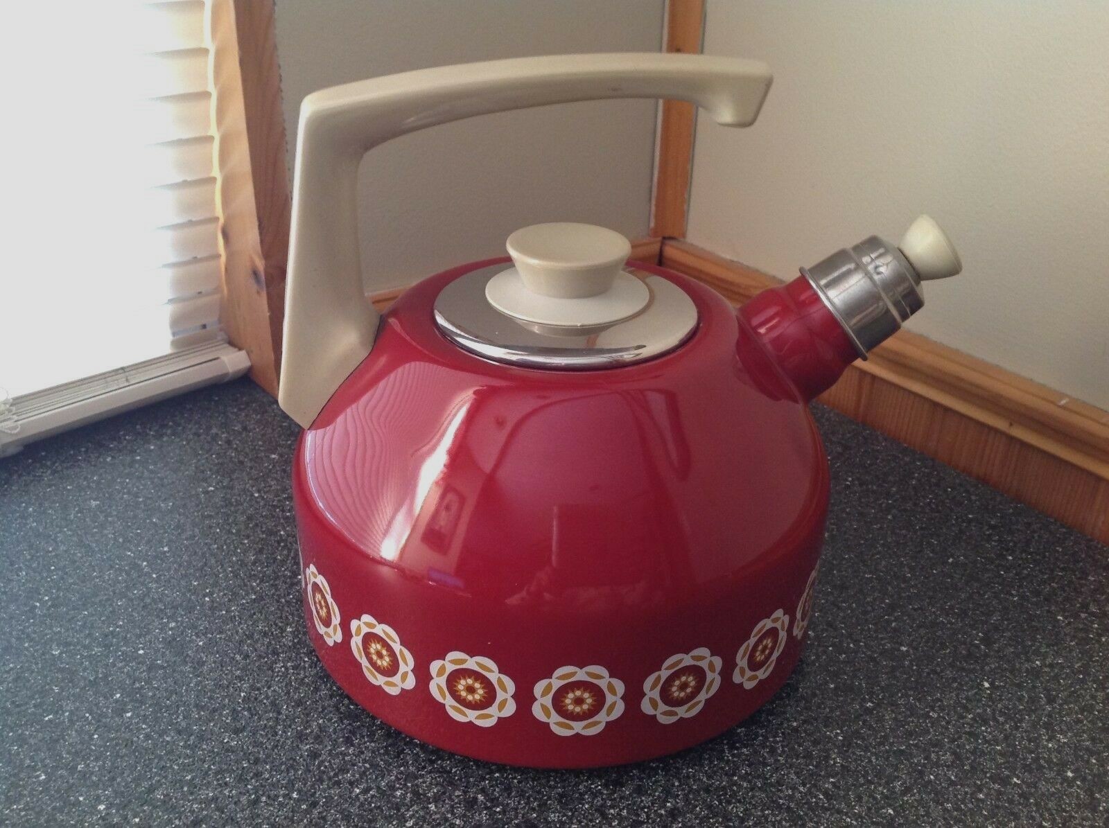 Vintage Red Enamel Tea Kettle Retro Modern