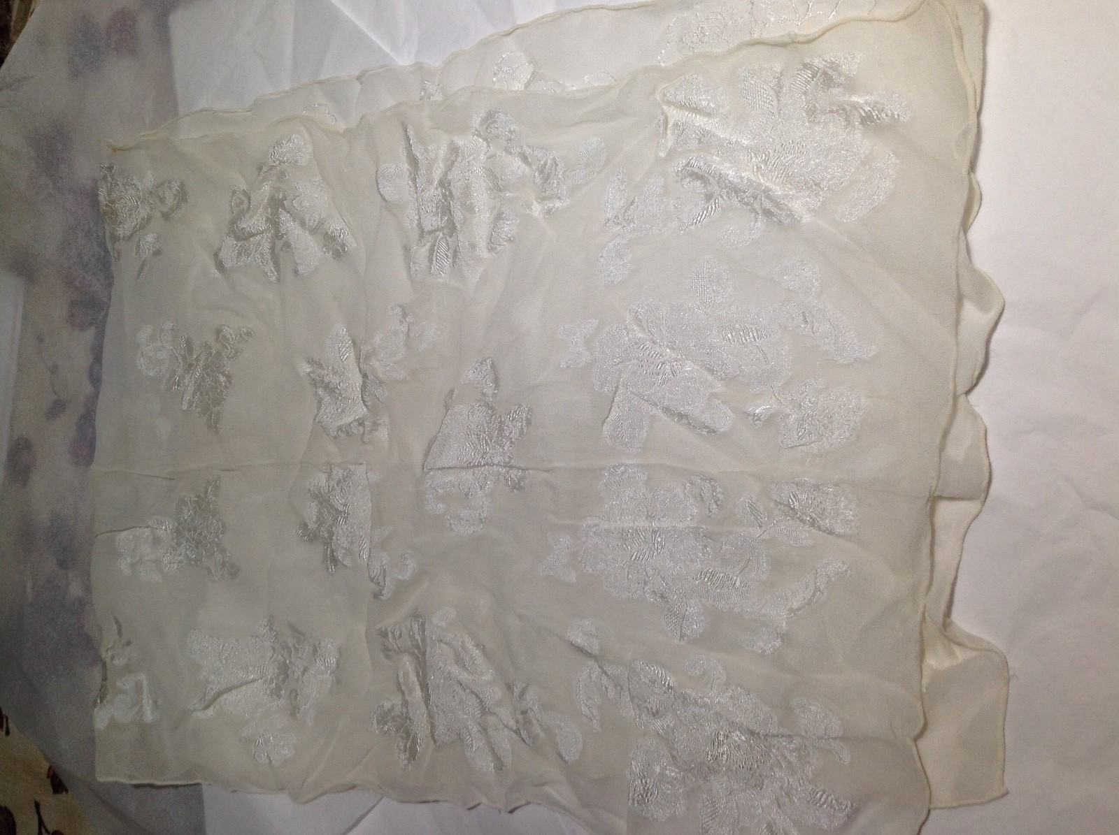 Vintage Women's Tan Off White ? Mantilla embossed w/ Rose Nylon Head/Neck Scarf