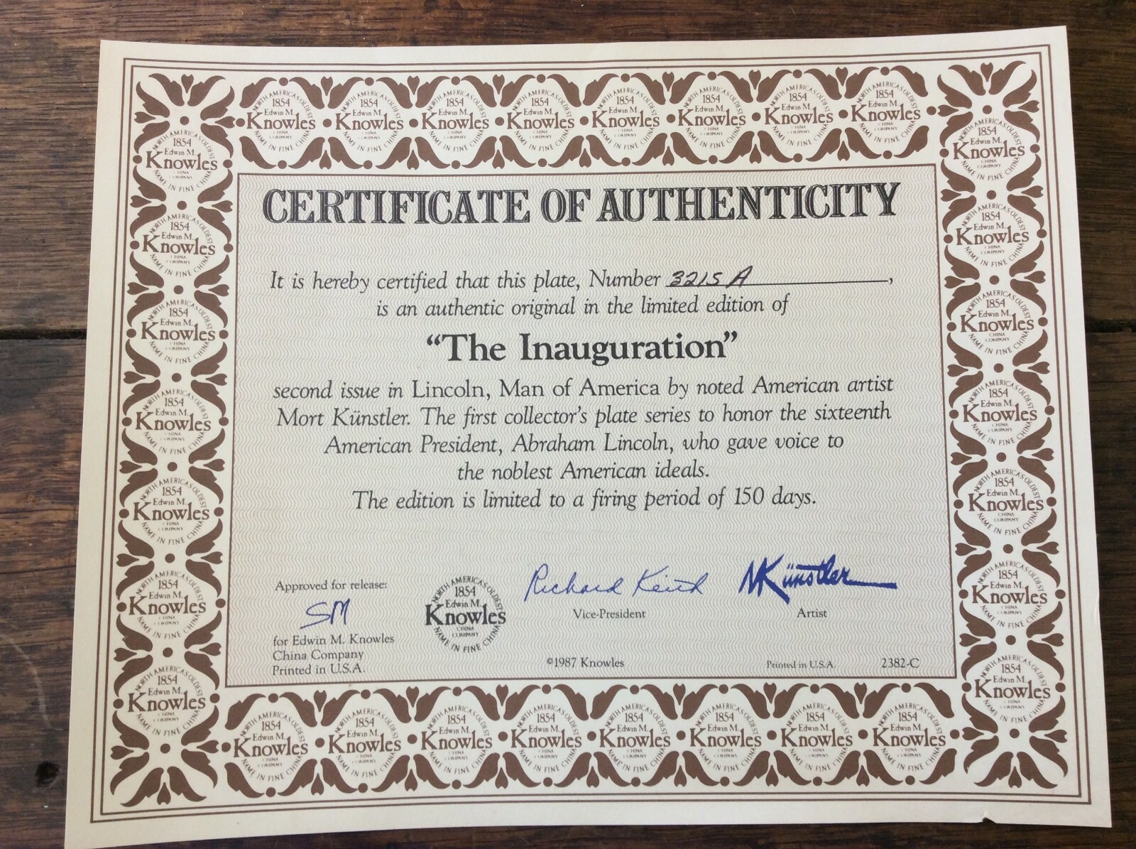 Knowles Collector Plate, Lincoln, The Inauguration, Orig Box & Papers