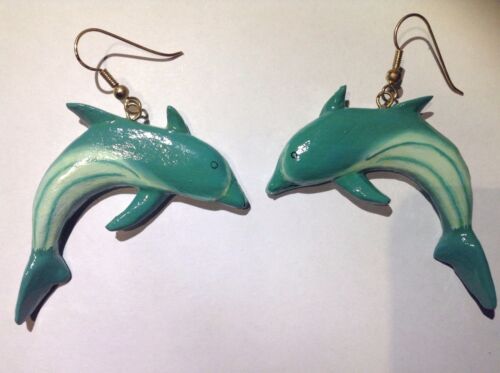 Vintage Dolphin Fashion Earrings Animal Blue Long Drop Dangle Estate Large Art