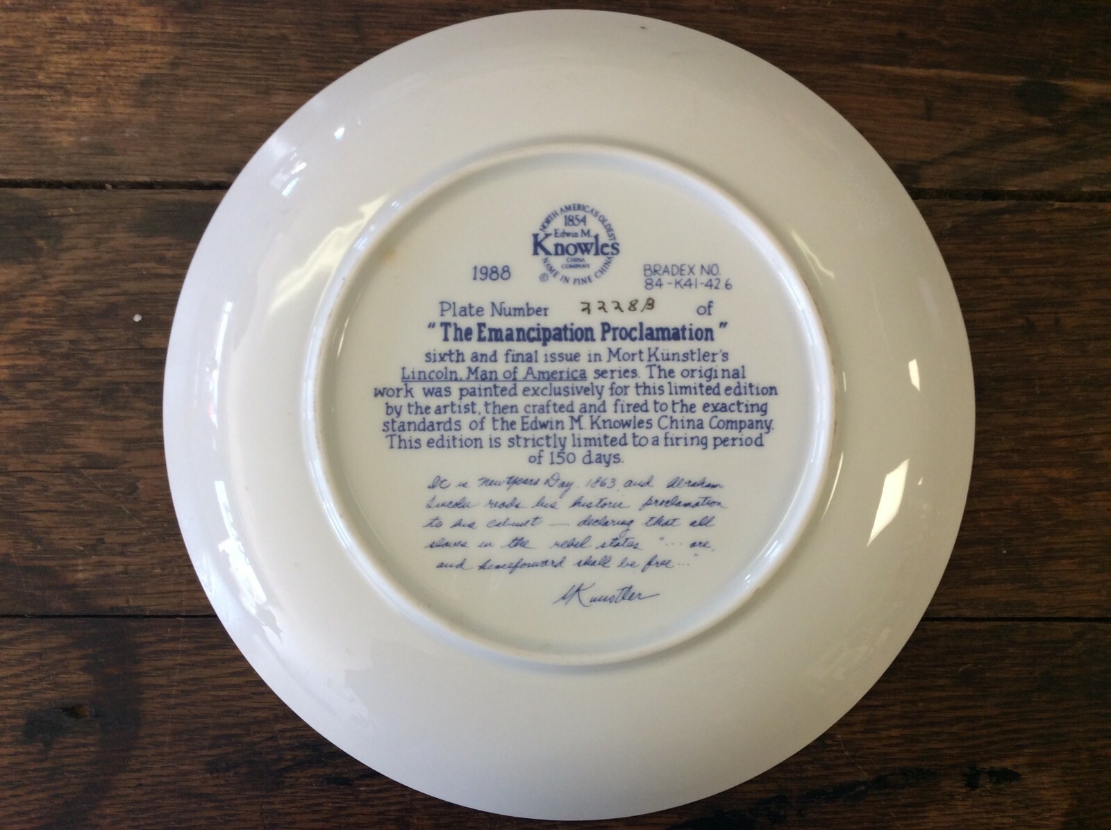 Knowles Collector Plate, Lincoln, Emancipation Proclamation, Orig Box & Papers