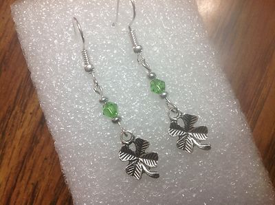  LUCKY IRISH Shamrock  green Tibetan 4 LEAF CLOVER dangle silver earrings 