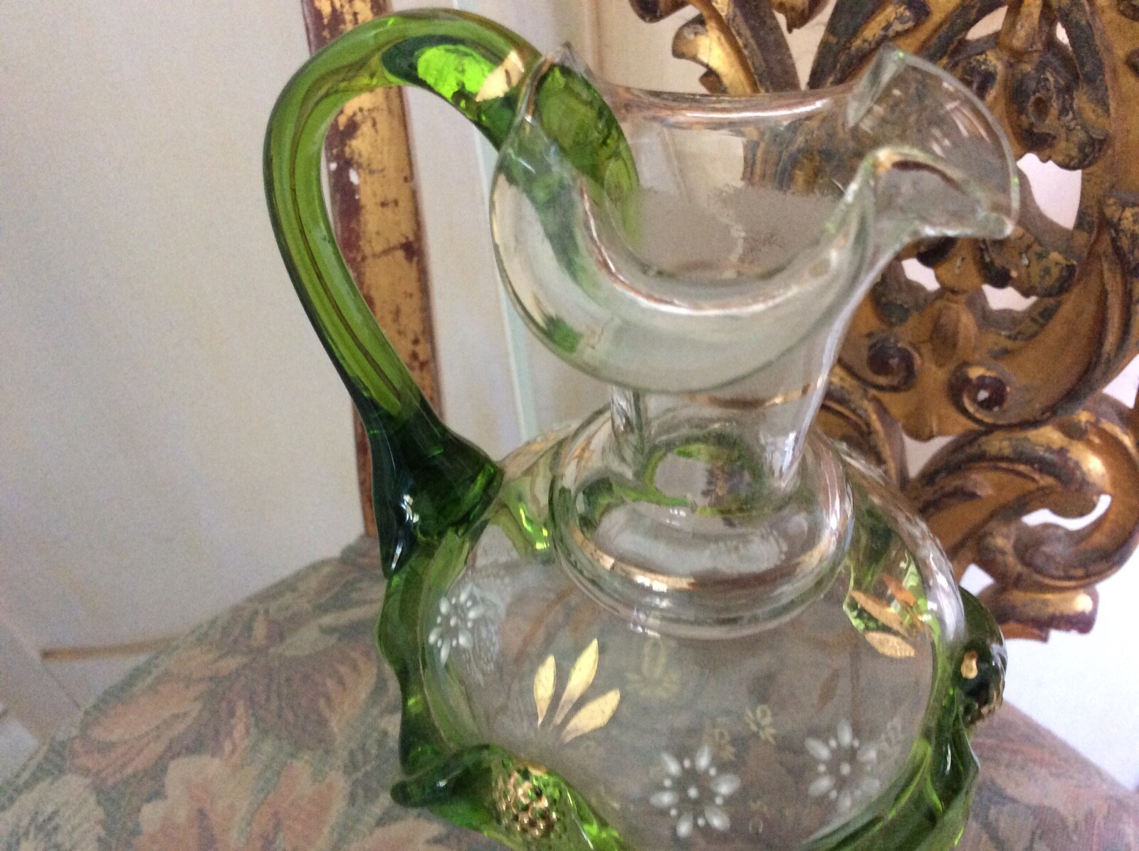 Antique French Glass Ewer, H.P., Enameling, Gold Gilding