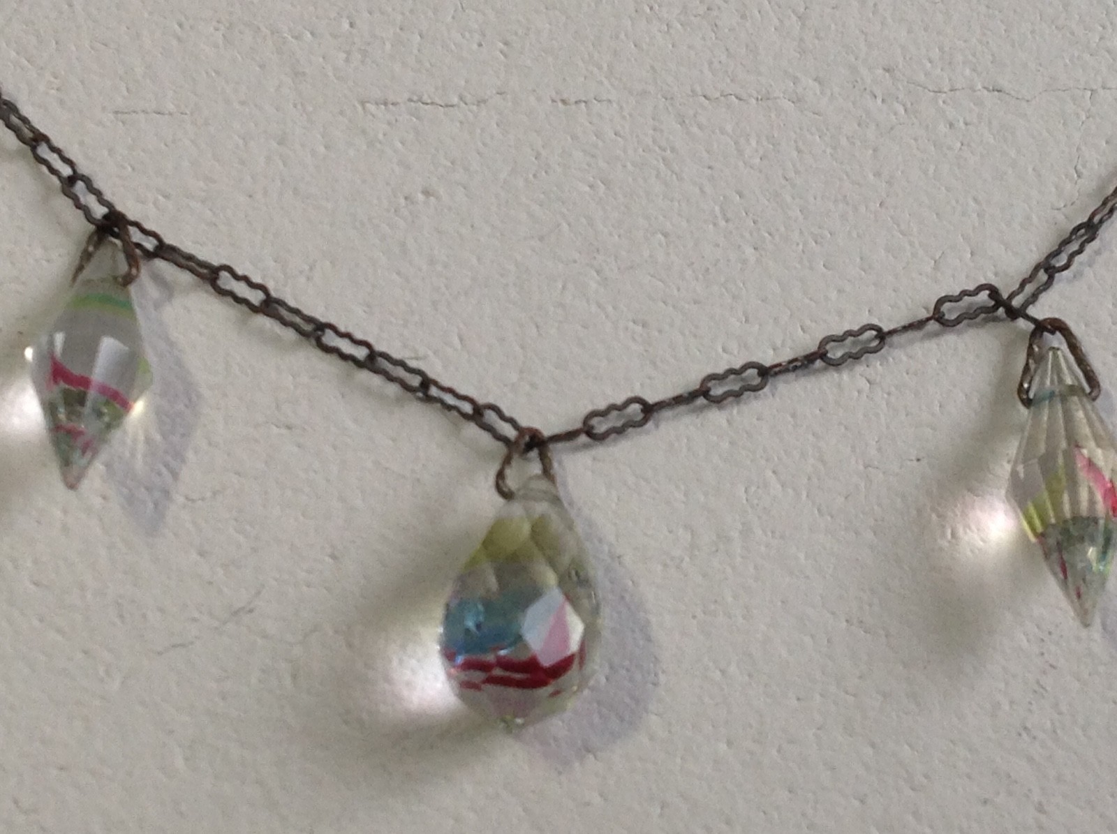 Vintage Deco Rainbow Iris Glass Briolette Drop Necklace Silver Paperclip Chain