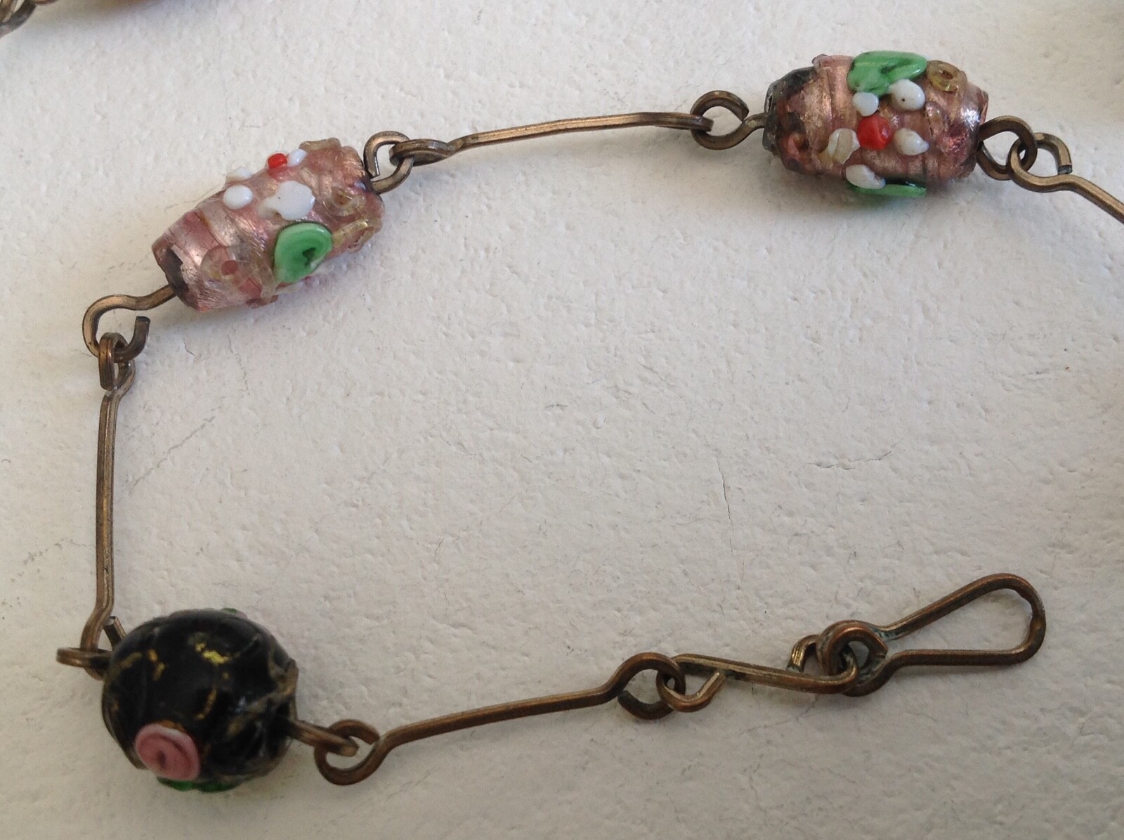 Vintage 1920 Art Deco Italian Venetian Wedding Cake Glass Bead Necklace On Brass