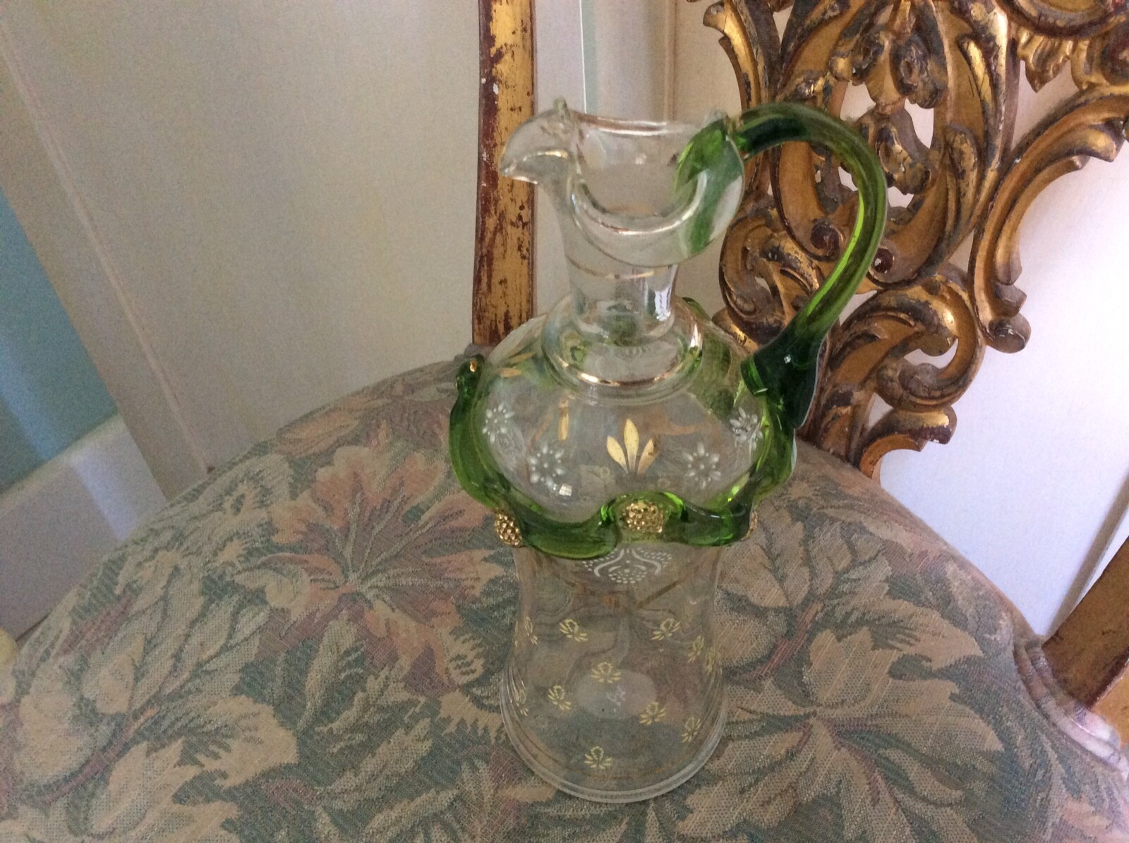 Antique French Glass Ewer, H.P., Enameling, Gold Gilding