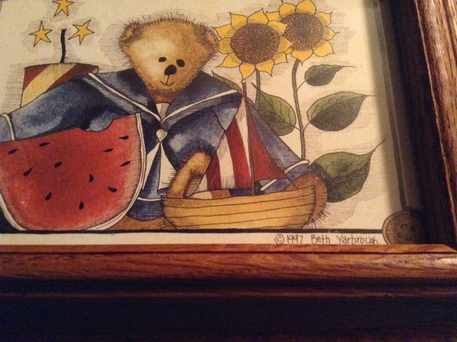 Beth Yarbrough 1997 Oak Framed Beautiful Artwork-Teddy Bear With Sailboat nice