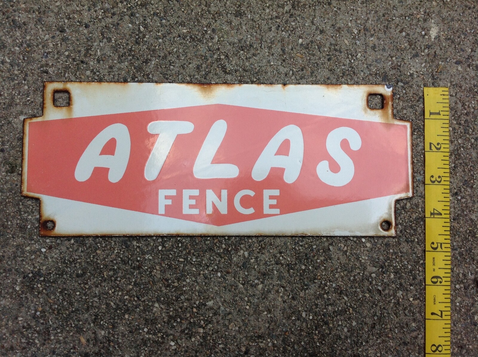 Vintage ATLAS FENCE Porcelain Advertisement Advertising Sign Fencing  12 x 4-1/2