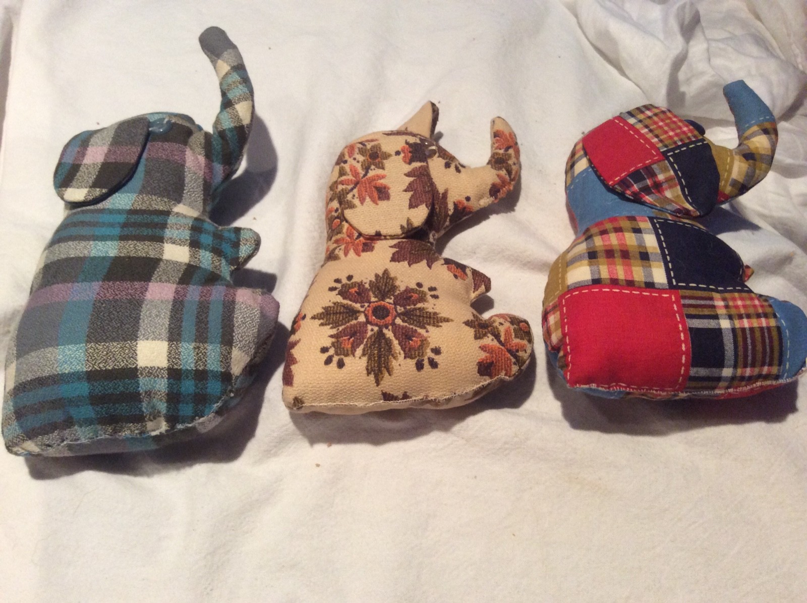 3 Vintage Handmade Material Stuffed Elephants