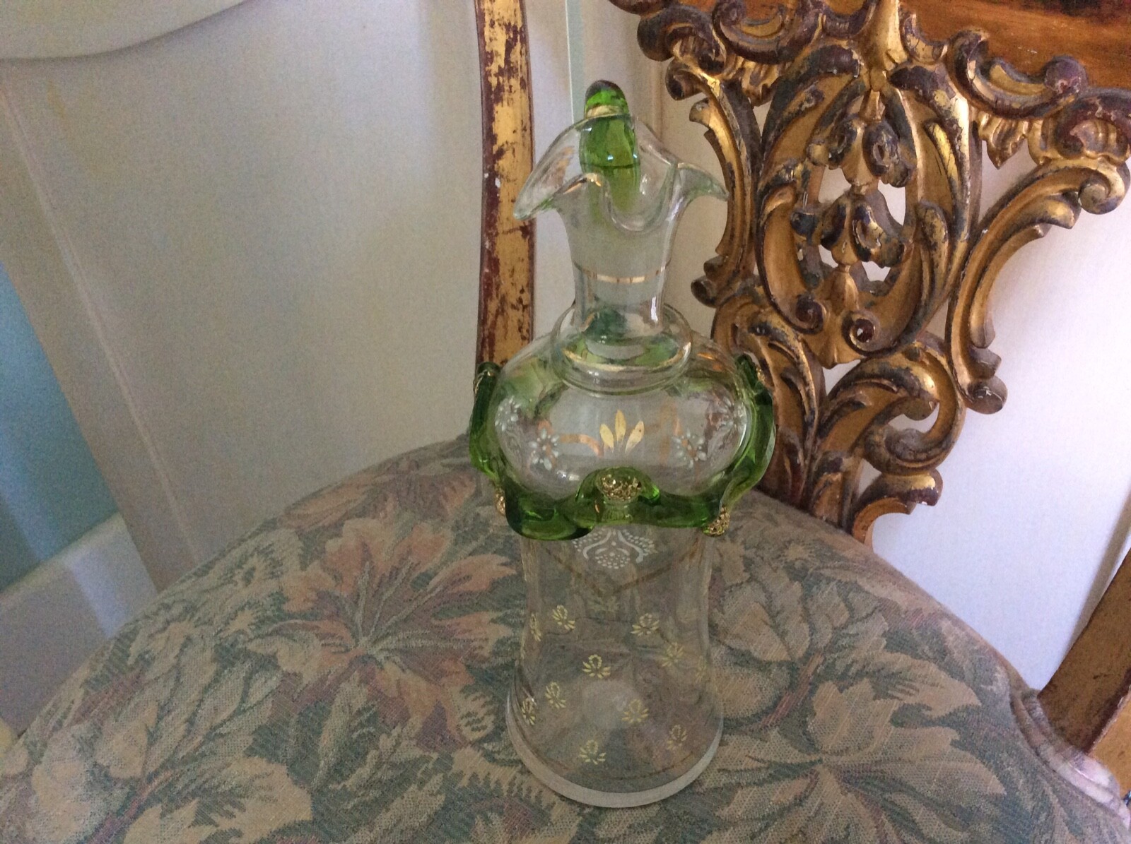 Antique French Glass Ewer, H.P., Enameling, Gold Gilding