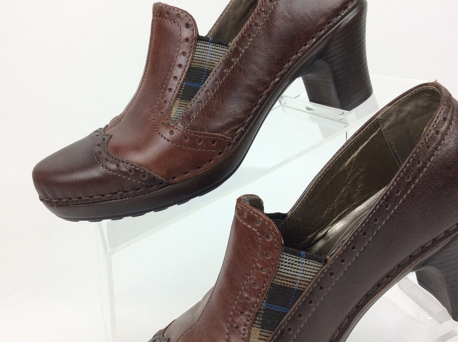 Josef Seibel Women’s Clogs Mules Brown Leather Shoes Plaid Detail EU 37 US 6.5