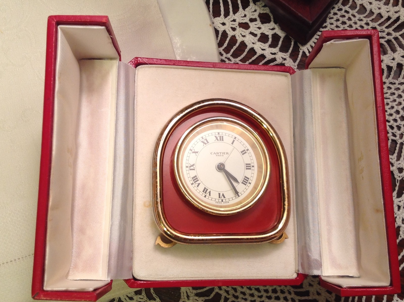 Cartier Travel /Desk Alarm Clock Red Enamel W/gold Case included C on stand.