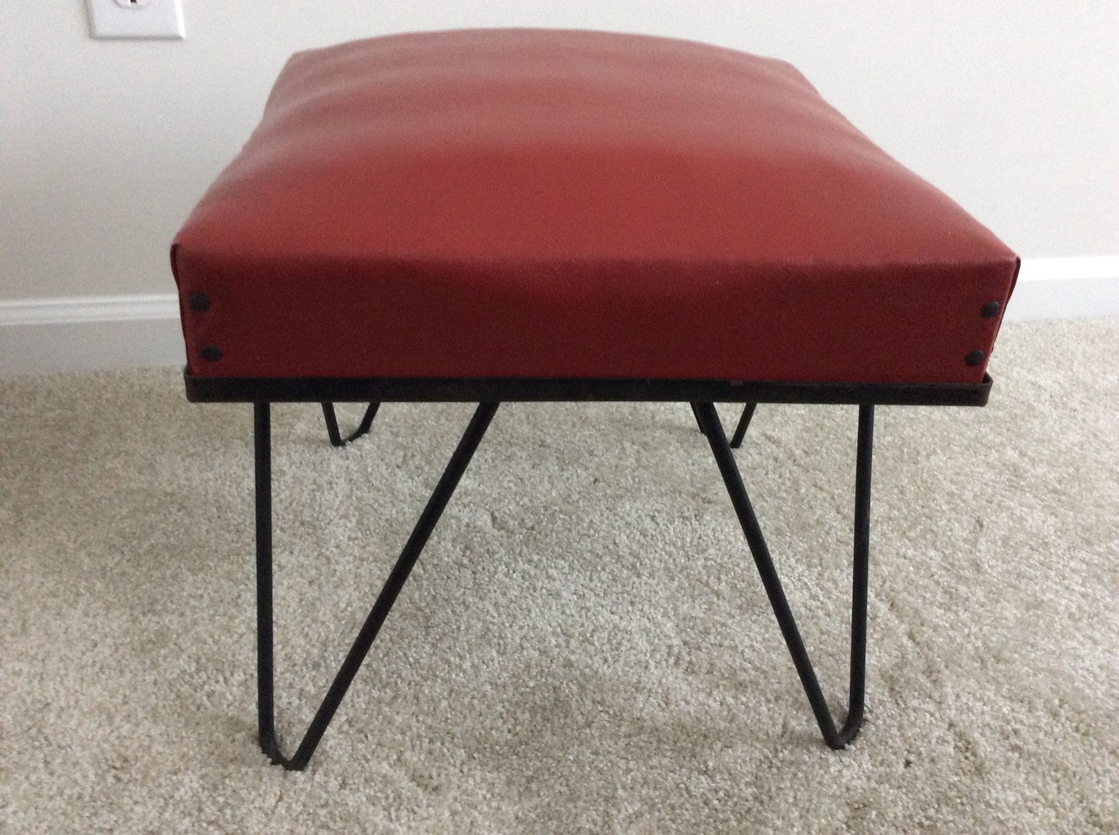 Modern Mid Century Furniture Ottoman Hassock, Hairpin Iron Legs, RED Naugahyde