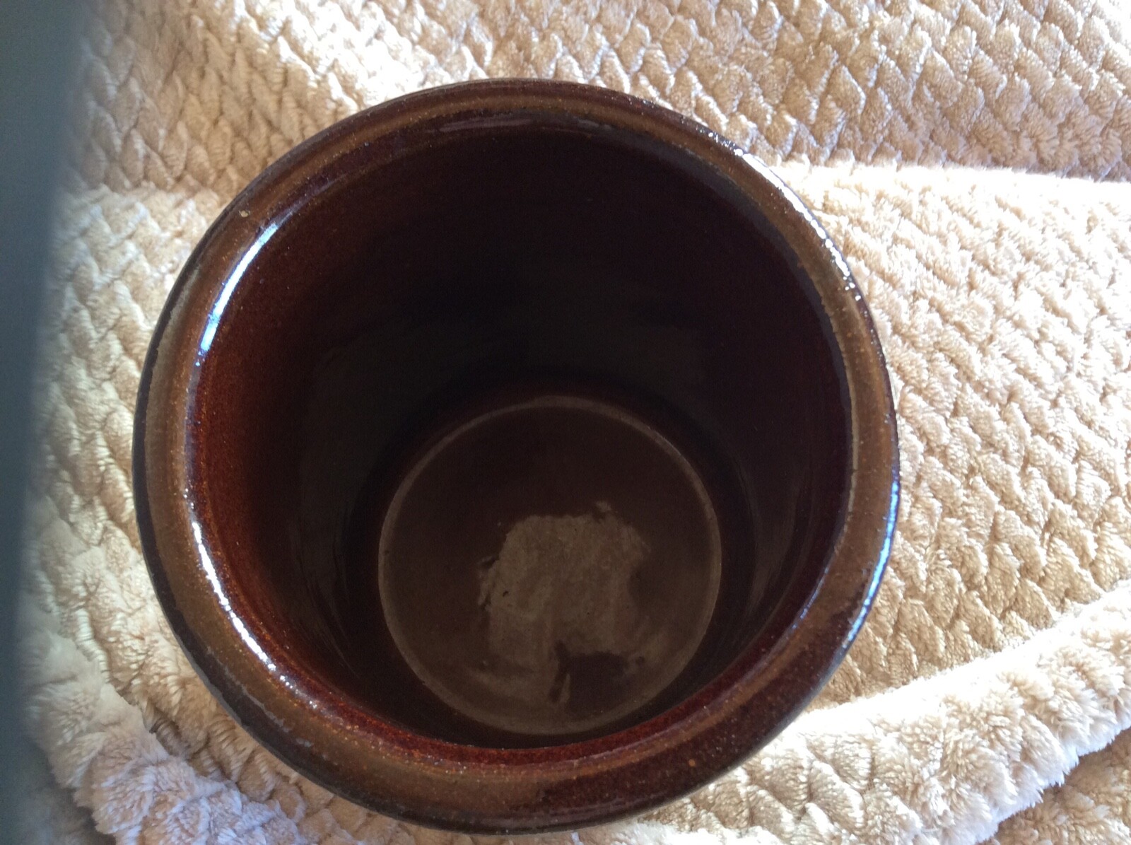 Pottery R.R.P. CO ROSEVILLE OHIO USA Brown & Tan 5” Stoneware Crock