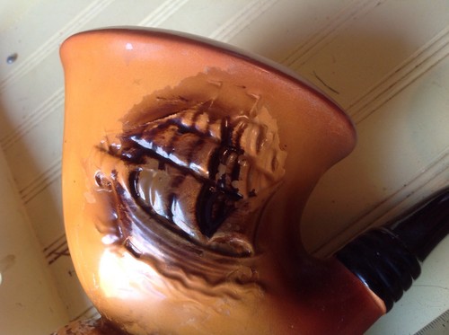 RELPO (STICKER) JAPAN #6552 VTG NAUTICAL CERAMIC PIPE VASE 2 MAST SAILING SHIP