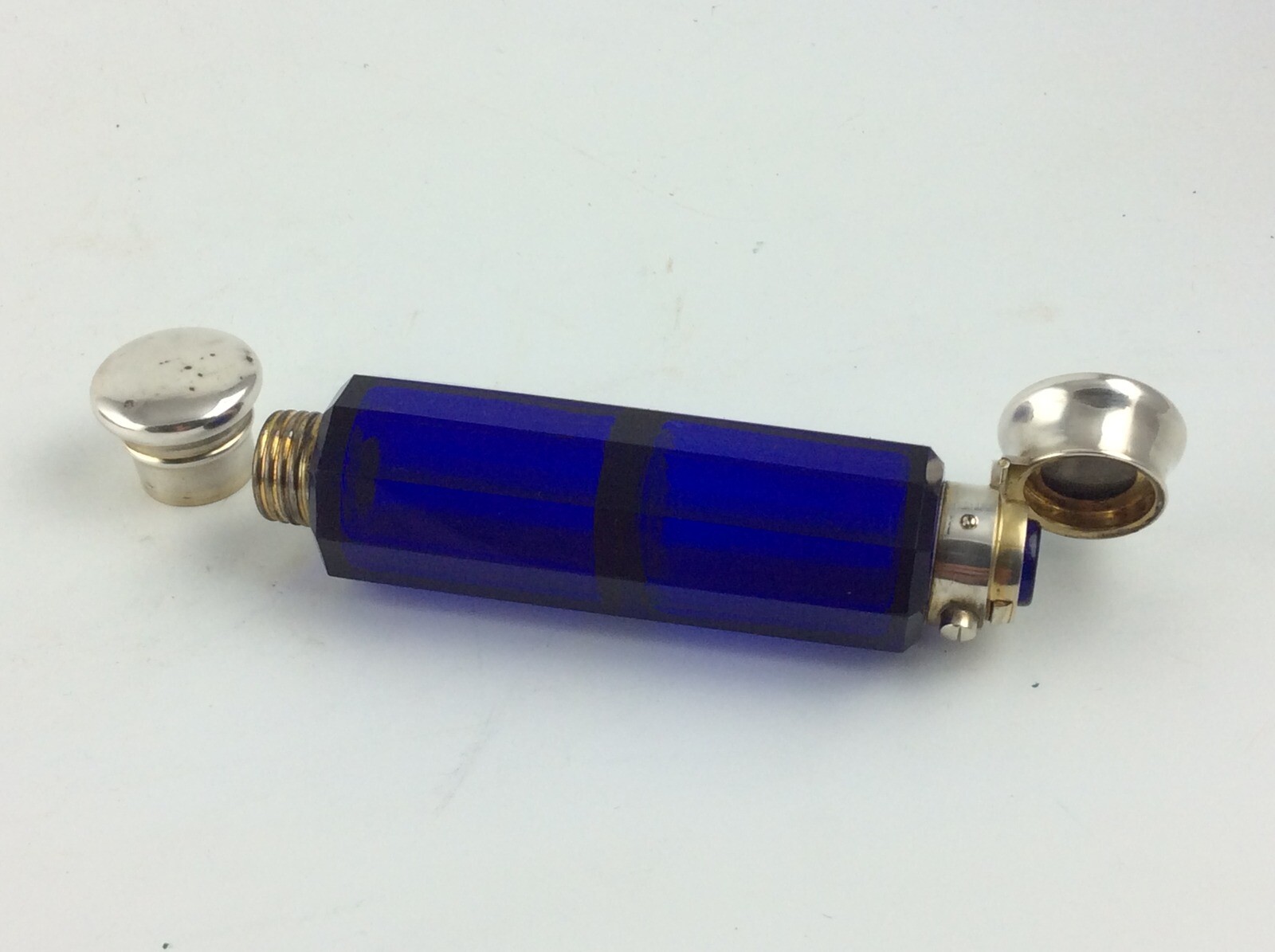 Antique Victorian Cobalt blue cut glass lay down dual perfume scent bottle