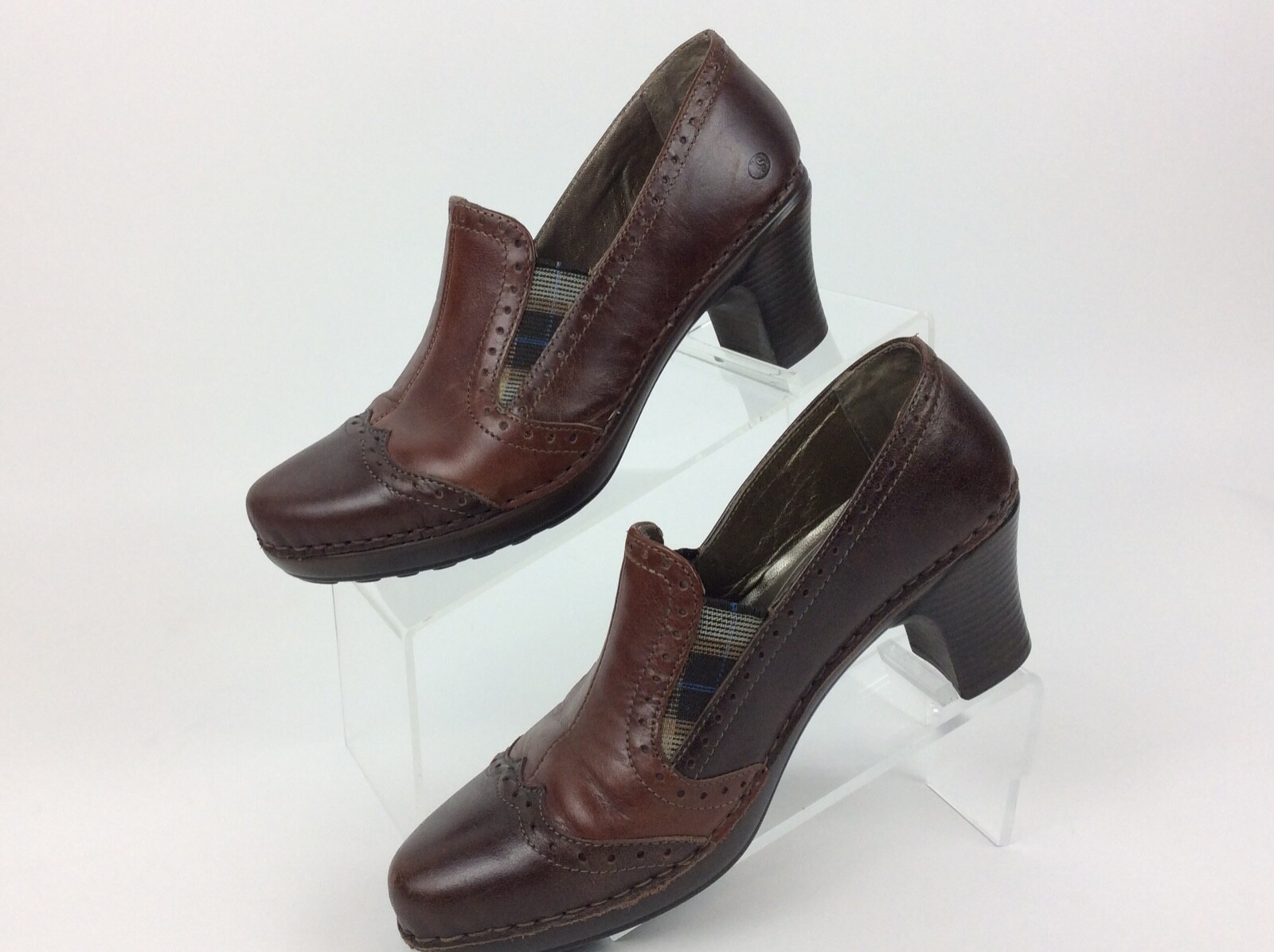 Josef Seibel Women’s Clogs Mules Brown Leather Shoes Plaid Detail EU 37 US 6.5