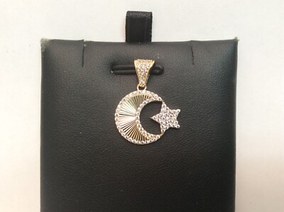 10K Yellow Real Solid Gold Moon & Star Pendant Charm Piece with CZ Zirconi 2.00g