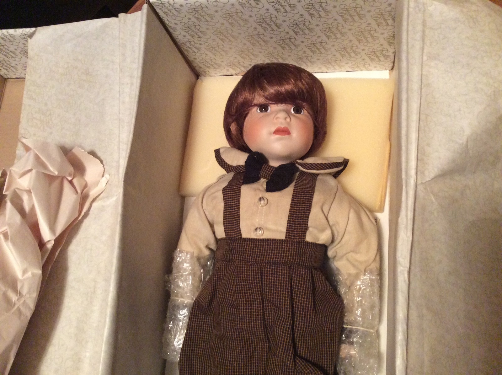 Franklin Mint Heirloom Coca Cola Danny Porcelain Doll w/Coke Crate Scooter