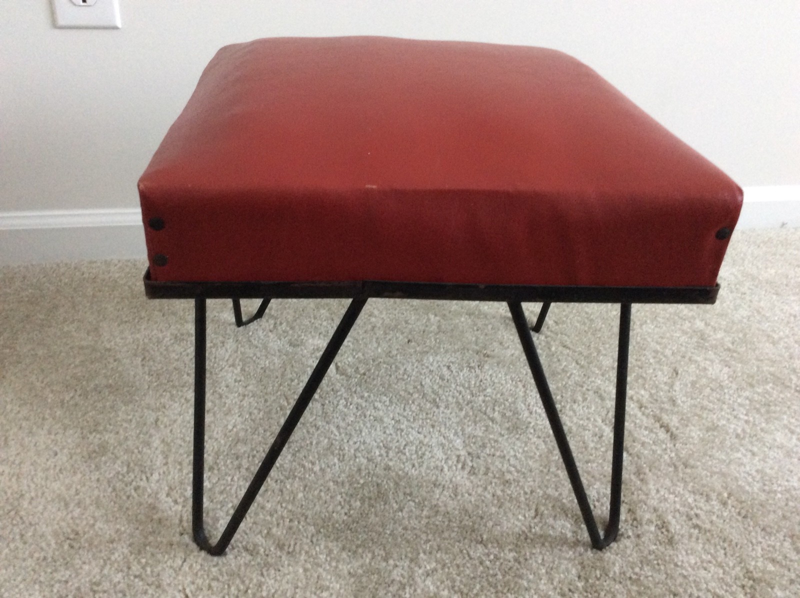 Modern Mid Century Furniture Ottoman Hassock, Hairpin Iron Legs, RED Naugahyde