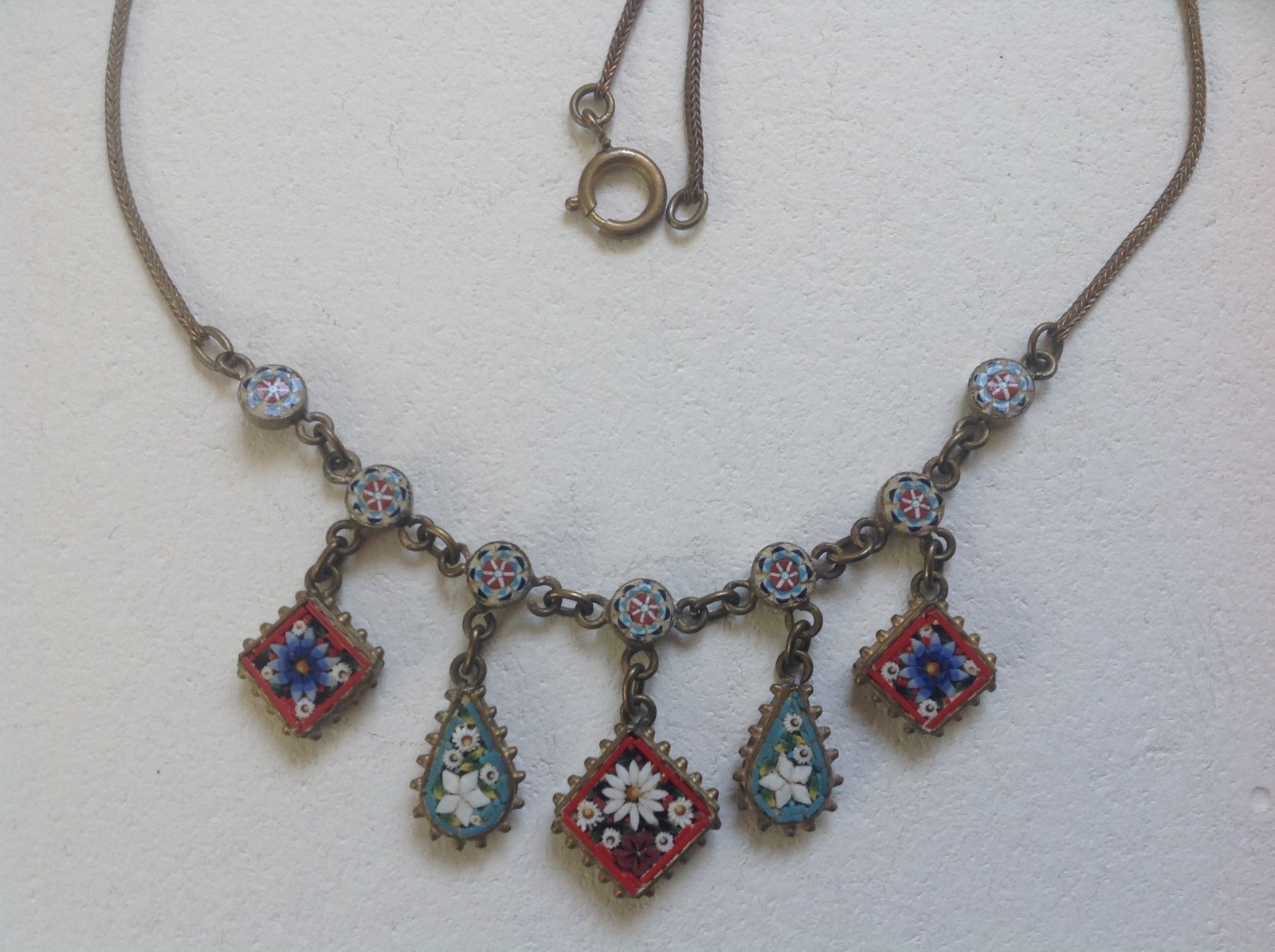 Antique Edwardian Art Deco Italian Grand Tour Micromosaic Tile Drop Necklace