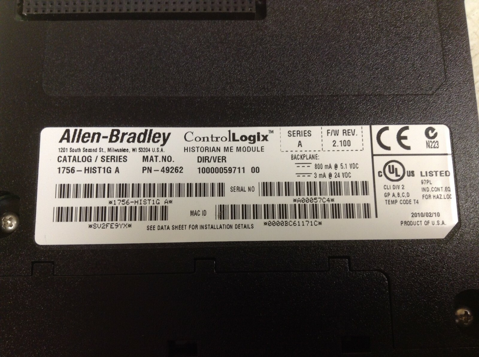 Allen Bradley 1756-HIST1G ControlLogix Historian ME Module Ser A F/W Rev 2.1