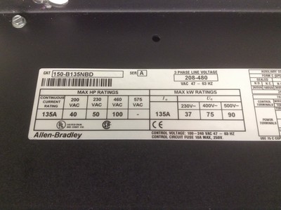 Allen Bradley 150-B135NBD 135 A SMC Dialog Plus Soft Starter 3 PH 208-480 VAC