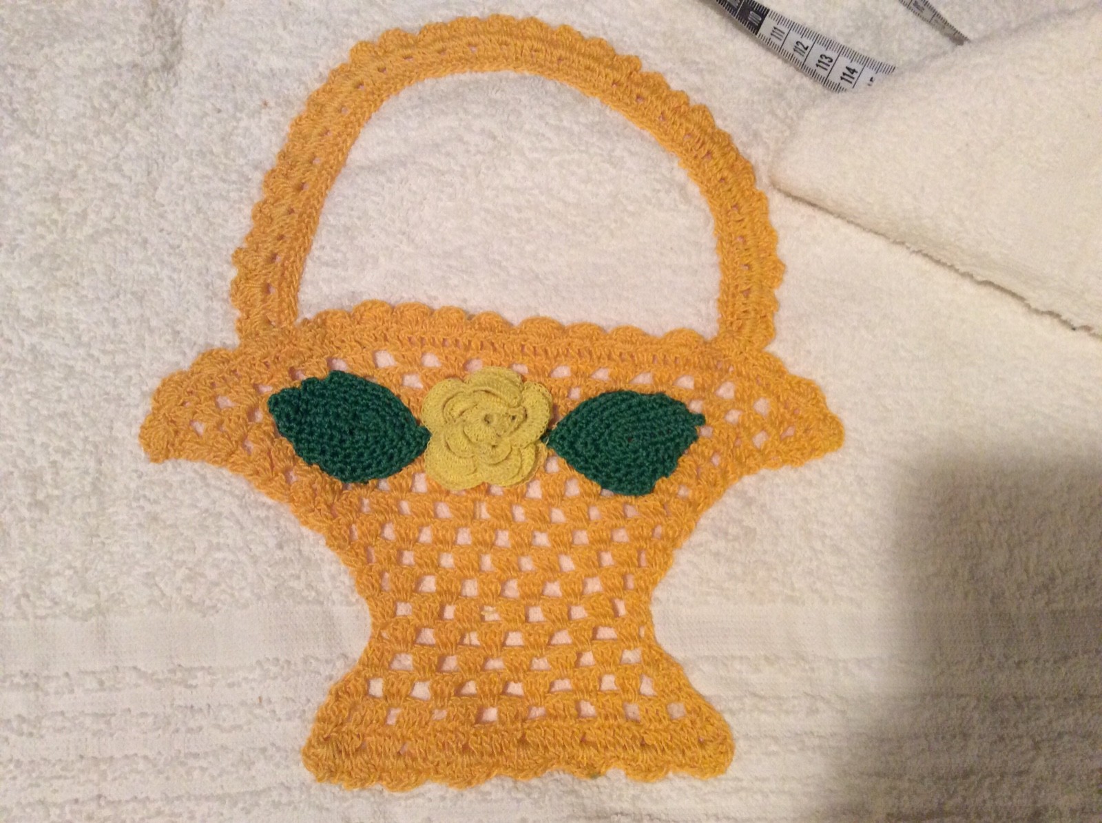 Bath Hand Towel Washcloth Set Vtg 70s Terry Cloth Crocheted Yellow Basket Flower