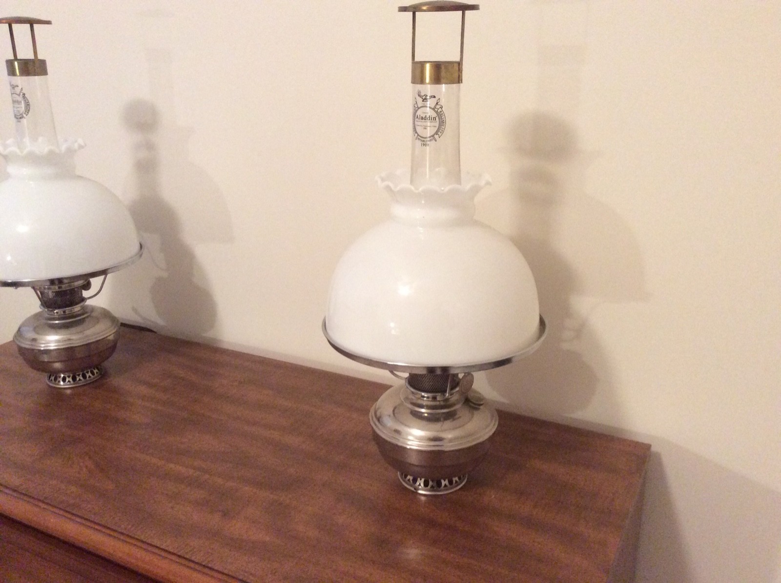 TWO Vintage Antique Aladdin Model No. 11 Oil Lamps With Shades and Chimneys