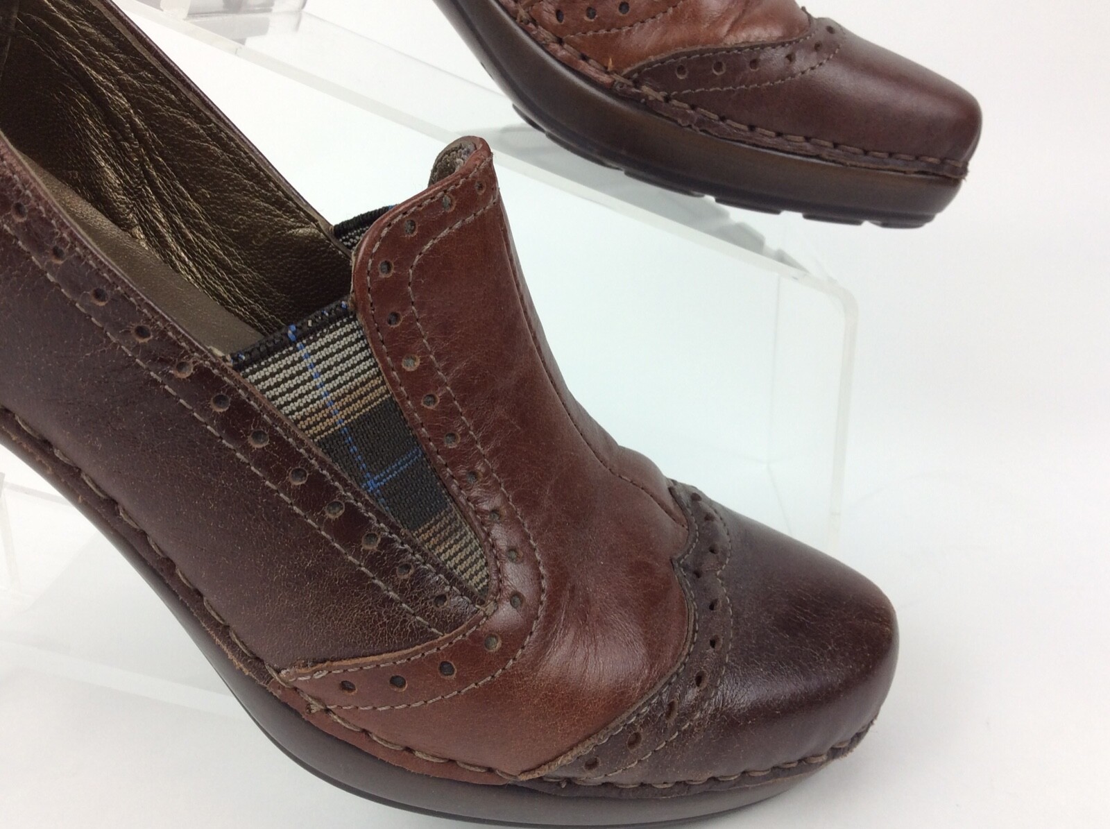 Josef Seibel Women’s Clogs Mules Brown Leather Shoes Plaid Detail EU 37 US 6.5