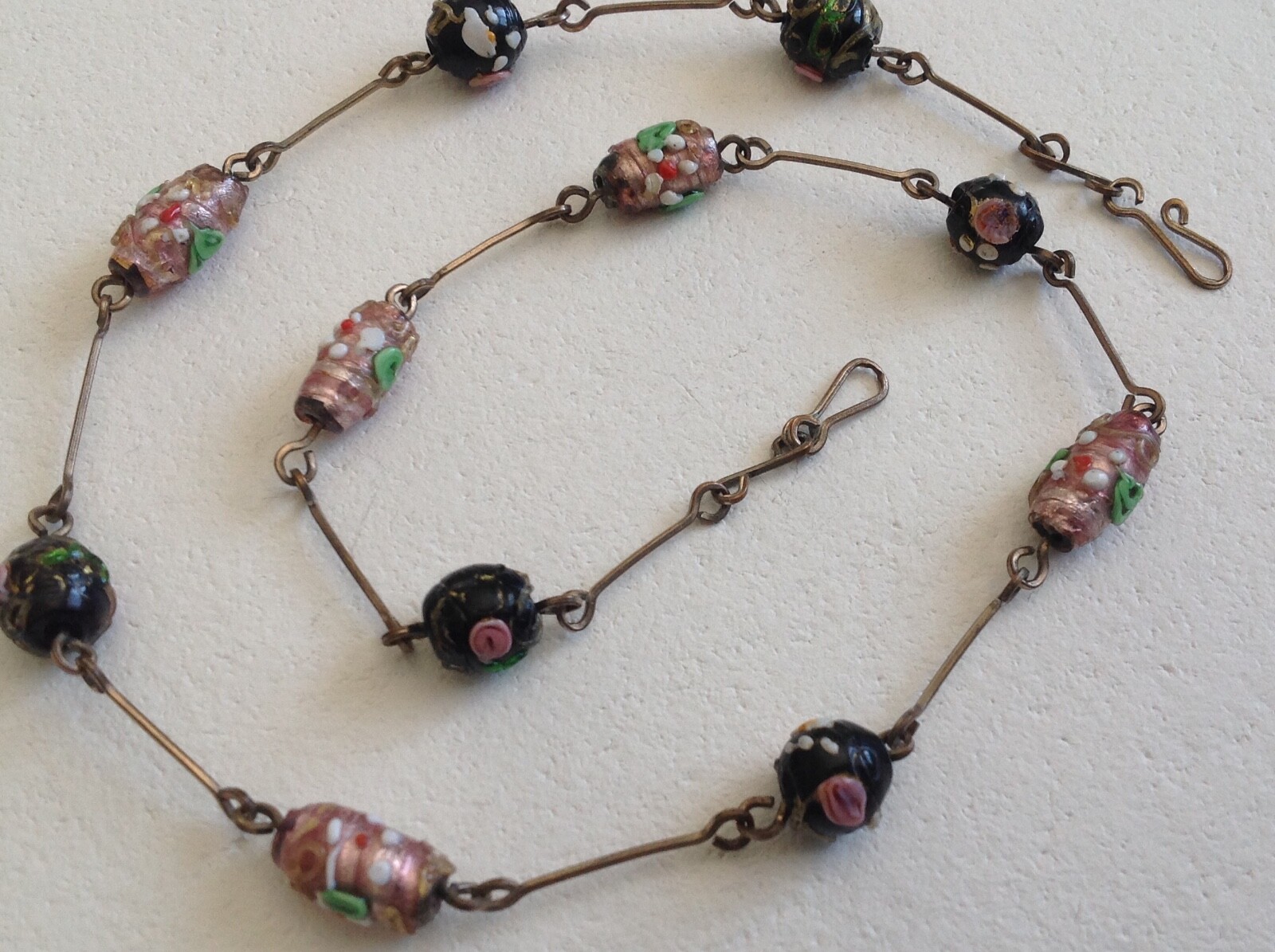 Vintage 1920 Art Deco Italian Venetian Wedding Cake Glass Bead Necklace On Brass