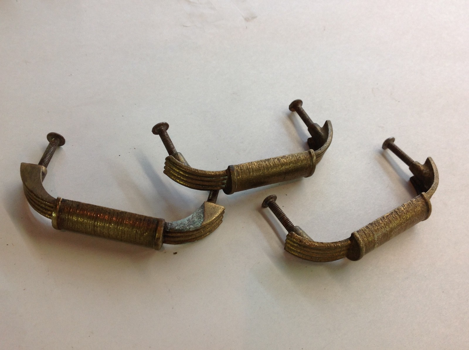 Vtg 50s MID CENTURY BRASS Art Deco Drawer Pulls WATERFALL Dresser Handles LOT 3