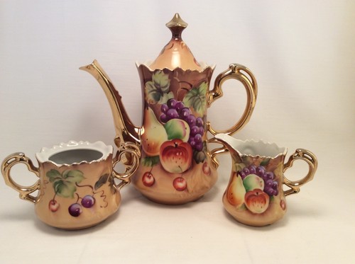 Lefton Heritage-Brown Fruit Pattern Coffee/Tea Serving Set Creamer Sugar