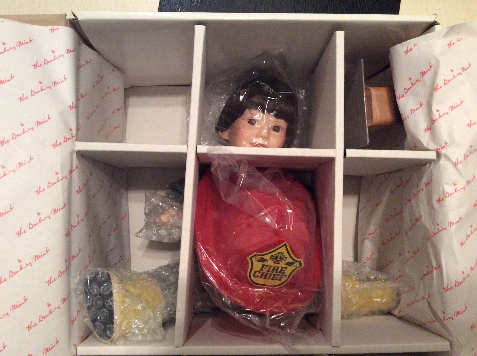 DAVID by ELKE HUTCHENS Fire Chief Mint in Box w/helmet & Fire Engine porcelain