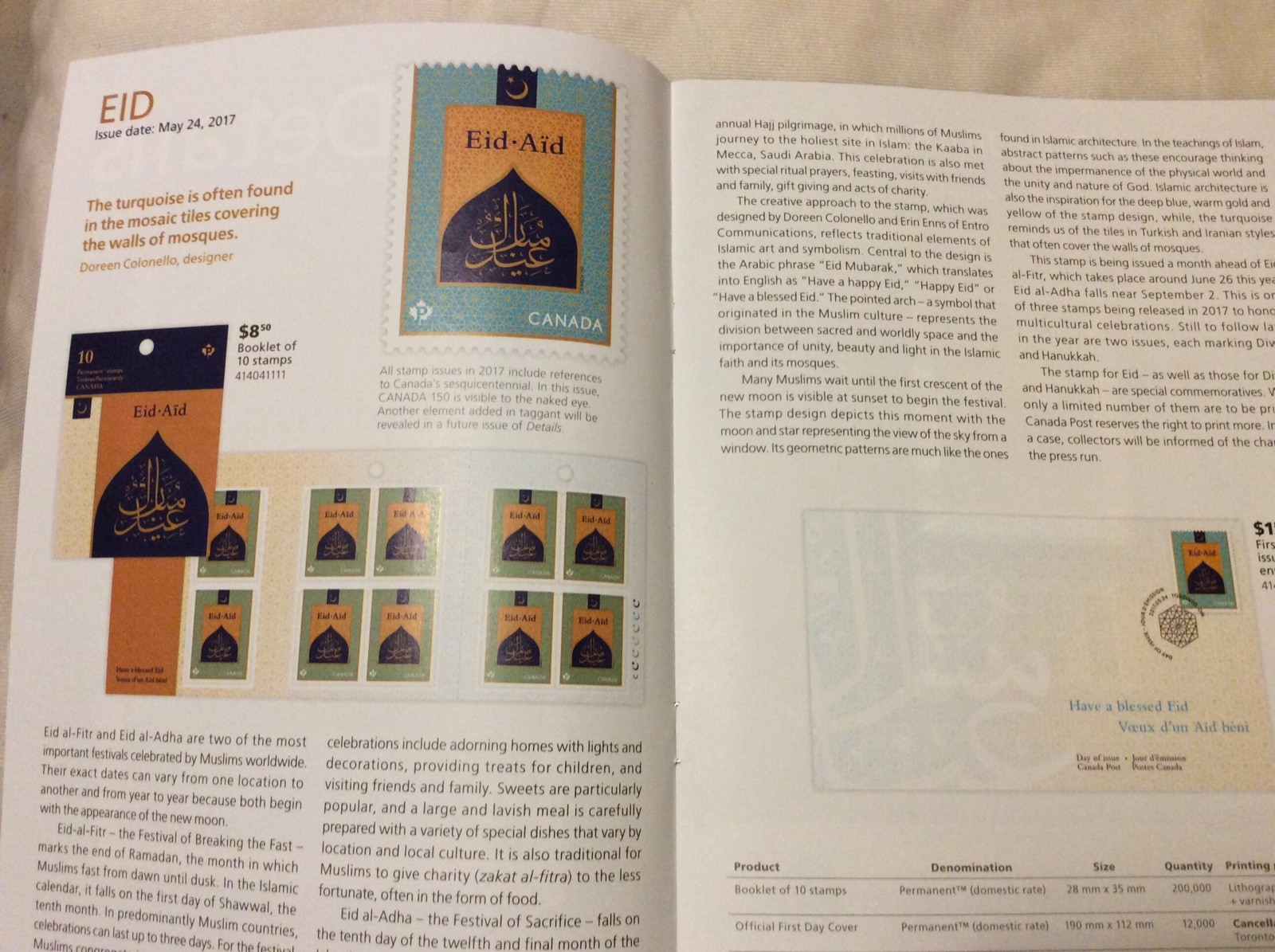 CANADA POST DETAILS STAMP BROCHURE May 2017 EID-AID MUSLIM FESTIVALS